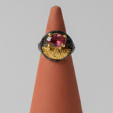 One of one pink tourmaline ring with oxidized silver and cable texture gold band by Kismet Society — size 6.75