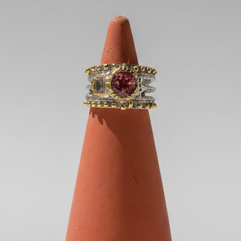 One of one pink tourmaline and square aquamarine ring on gold beaded sterling silver band by Kismet Society — size 7.5