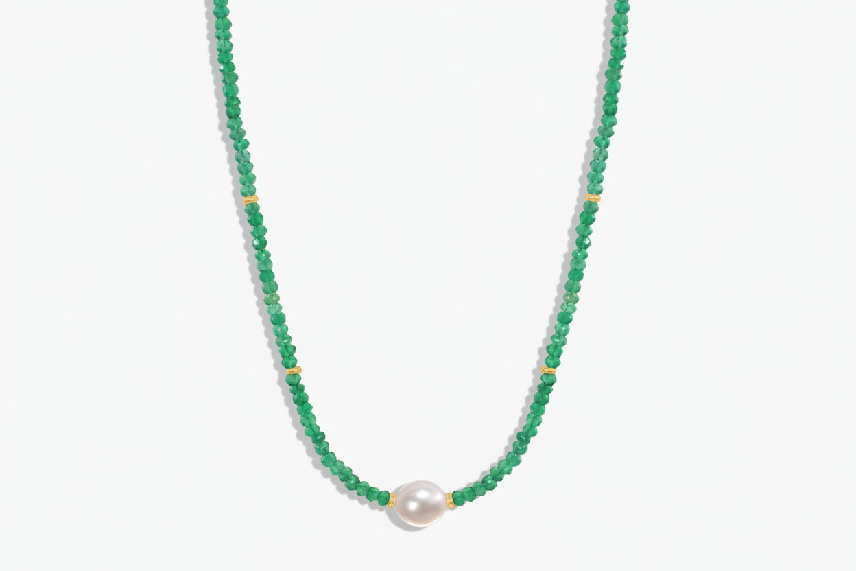 One of one faceted green onyx and freshwater pearl necklace with 14k solid gold clasp by Kismet Society — 18 inches