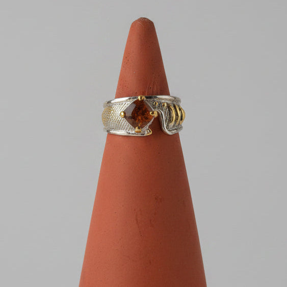 One of one hot pink tourmaline ring in wide engraved sterling silver band by Kismet Society — size 6.75