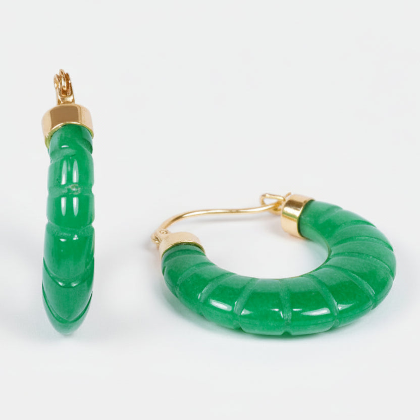 One of one handcarved green jade hoop earrings with 14k solid gold clasp by Kismet Society