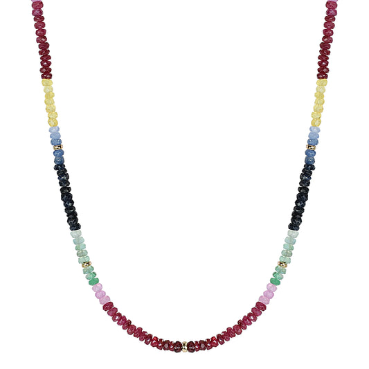 One of one AAAA grade multi gemstone necklace with 14k solid gold hook clasp by Kismet Society — full color spectrum, 18 inches