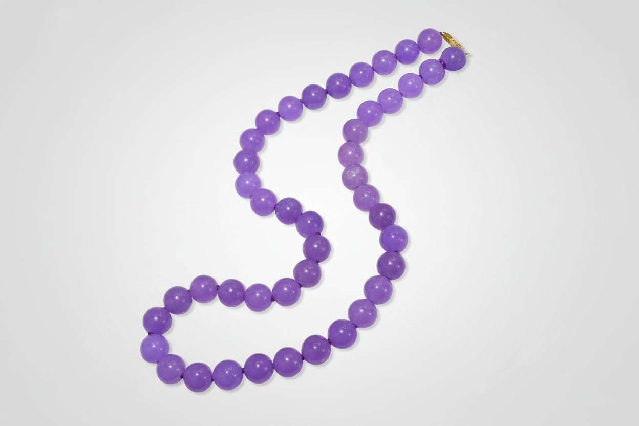 Hand-knotted lavender jade necklace with marquise gated 14k solid gold clasp by Kismet Society — 18 inches