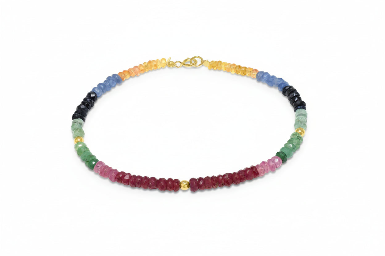 One of one AAAA grade multi gemstone bracelet with 14k solid gold clasp by Kismet Society — full color spectrum, 7.5 inches