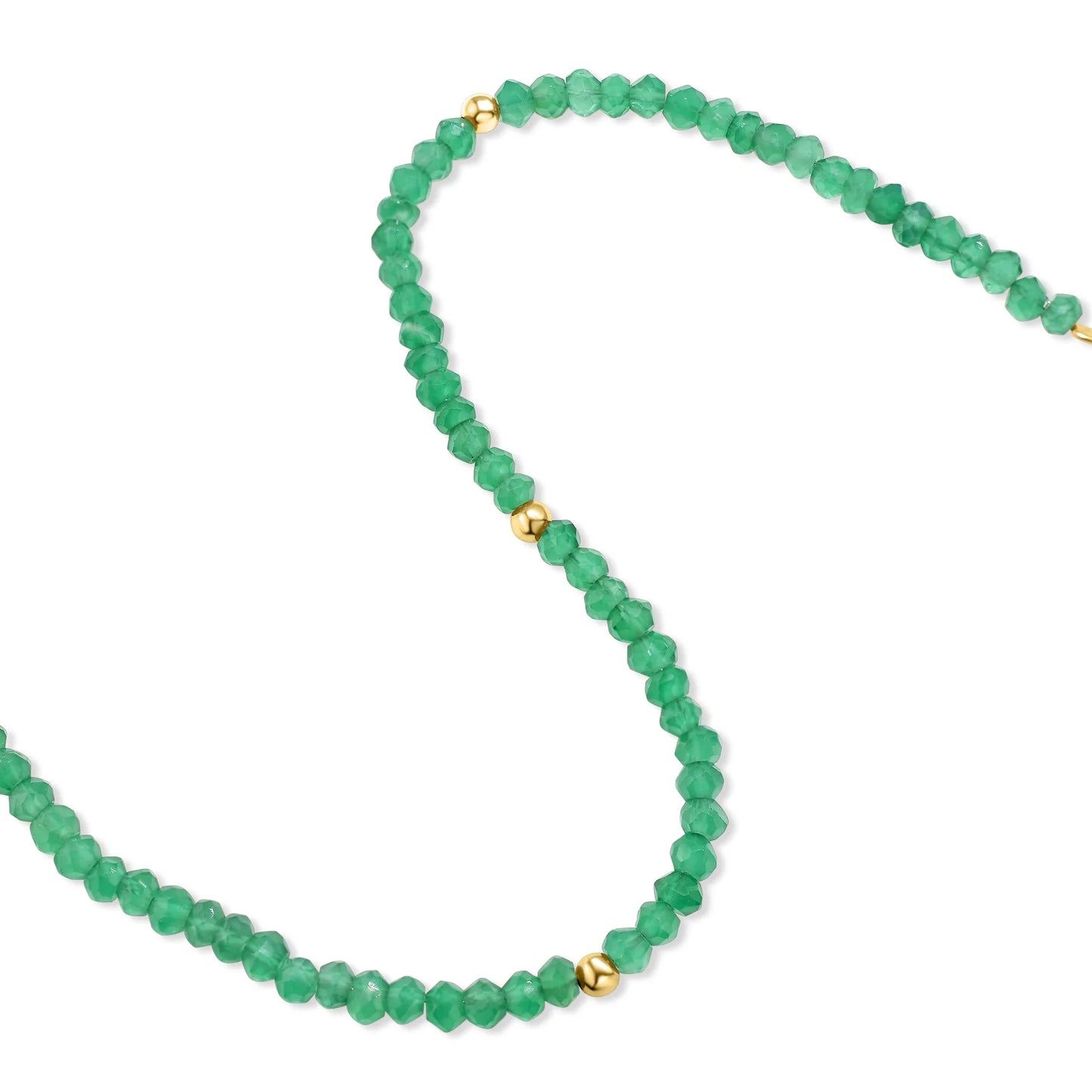 One of one faceted green onyx bracelet with three 14k solid gold beads and solid gold clasp by Kismet Society — 7.5 inches