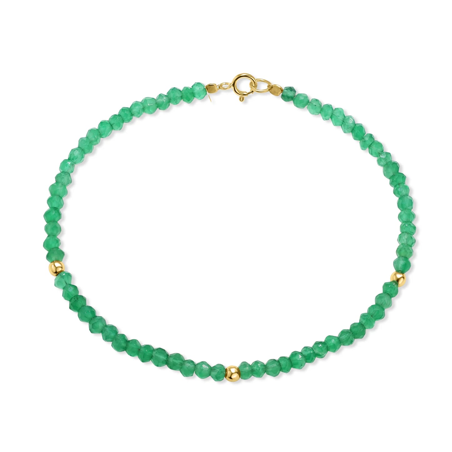 One of one faceted green onyx bracelet with three 14k solid gold beads and solid gold clasp by Kismet Society — 7.5 inches