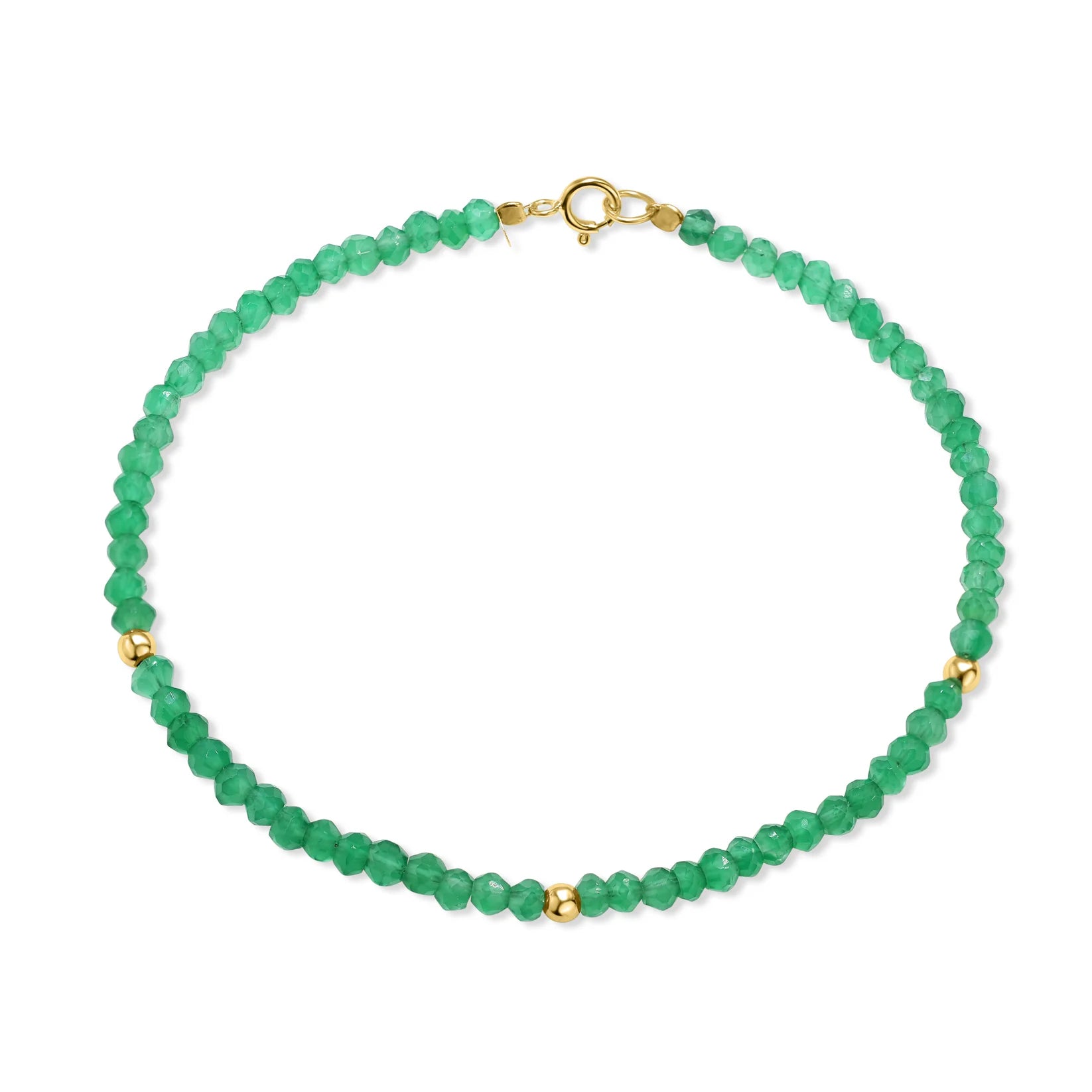 One of one faceted green onyx bracelet with three 14k solid gold beads and solid gold clasp by Kismet Society — 7.5 inches