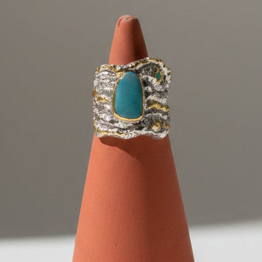 One of one blue flash opal and emerald silver ring with brass accents by Kismet Society — thick band, size 7
