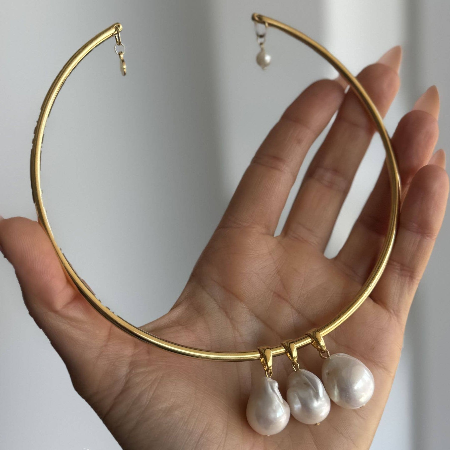 Gold filled triple freshwater baroque pearl tube choker