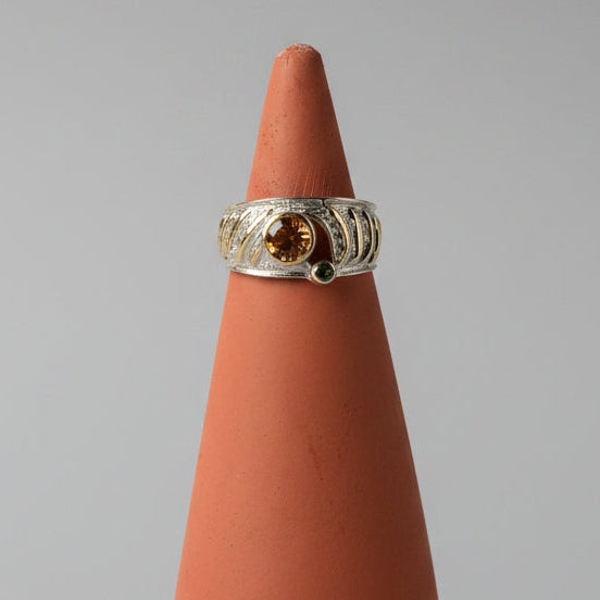 One of one pale pink tourmaline and emerald ring in sterling silver by Kismet Society — size 7