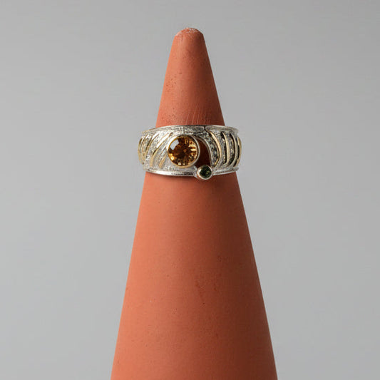 One of one pale pink tourmaline and emerald ring in sterling silver by Kismet Society — size 7
