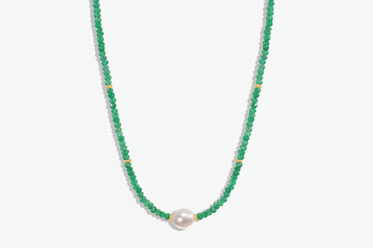 One of one faceted green onyx and freshwater pearl necklace with 14k solid gold clasp by Kismet Society — 18 inches