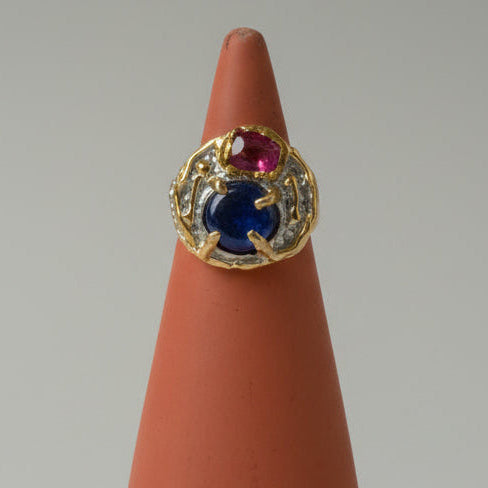 One of one lapis lazuli and raw pink tourmaline silver ring with brass accents by Kismet Society — chunky band, size 7.5