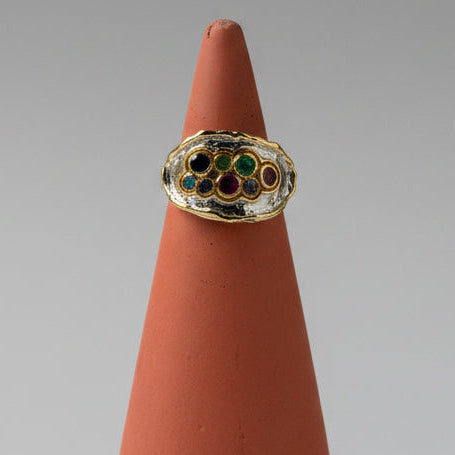 One of one sapphire emerald and ruby silver ring by Kismet Society — oval face, multi stone, size 6.5