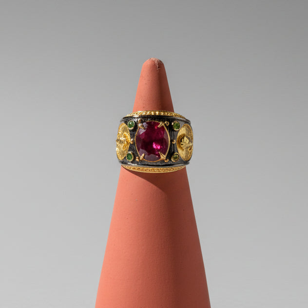 One of one rubellite and tsavorite silver ring with yellow brass accent detailing by Kismet Society — size 7