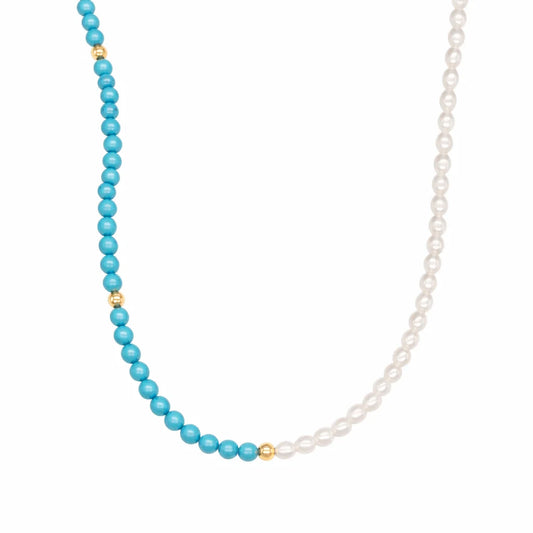 High-polished 14k gold necklace, featuring a luminous rice-shaped AAA+ freshwater pearl paired with Turquoise.