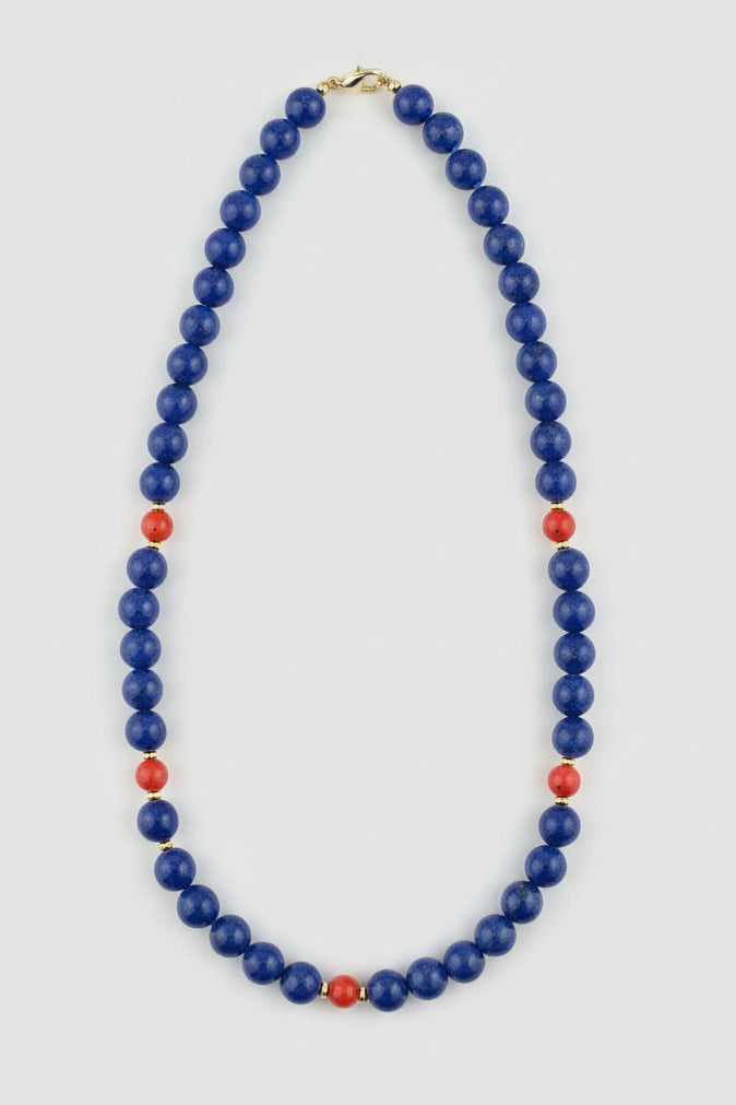 One of one handknotted lapis lazuli and red coral station necklace with 14k solid gold beads and clasp by Kismet Society — 18 inches