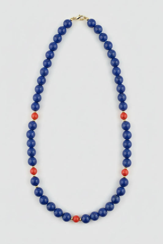One of one handknotted lapis lazuli and red coral station necklace with 14k solid gold beads and clasp by Kismet Society — 18 inches