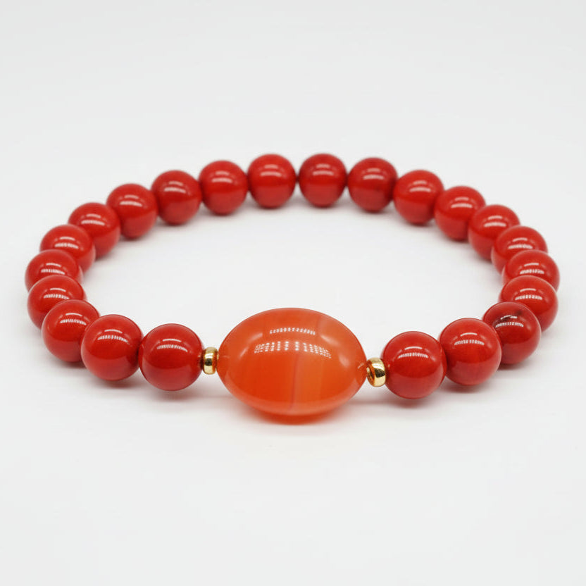 One of one AAA red coral and carnelian stretch bracelet with 14k solid gold accent beads by Kismet Society — 7 to 7.5 inches