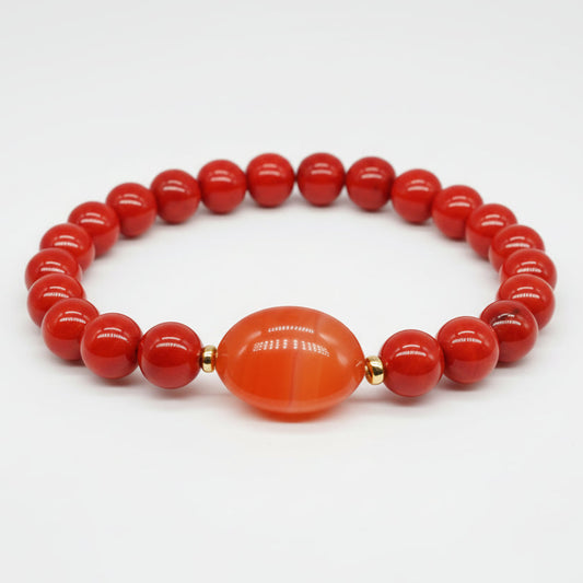 One of one AAA red coral and carnelian stretch bracelet with 14k solid gold accent beads by Kismet Society — 7 to 7.5 inches