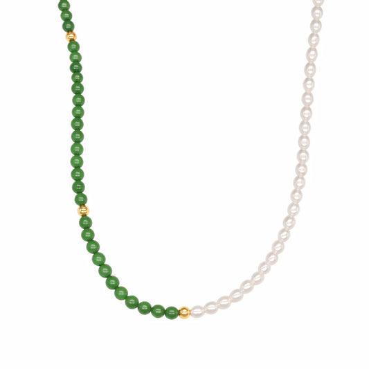 Luminous rice-shaped AAA+ freshwater pearls paired with Green Jade and 14k gold beads.