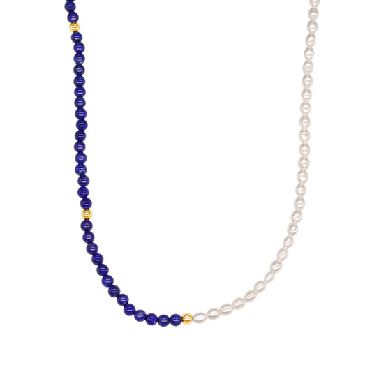 Luminous rice-shaped AAA+ freshwater pearls paired deep Lapis Lazuli and 14k gold beads.