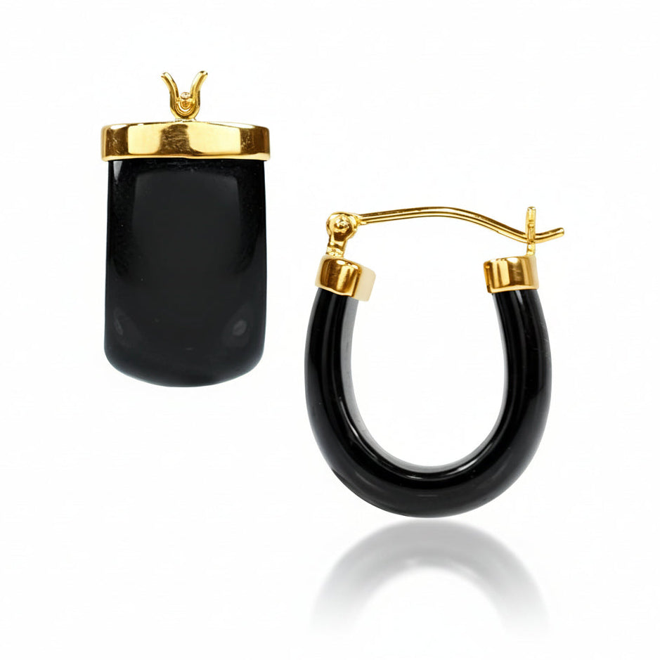 One of one chunky black onyx hoop earrings with 14k solid gold clasp by Kismet Society