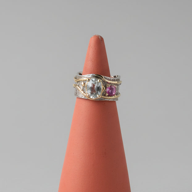 One of one oval aquamarine and pink tourmaline silver ring with brass accents by Kismet Society — size 6
