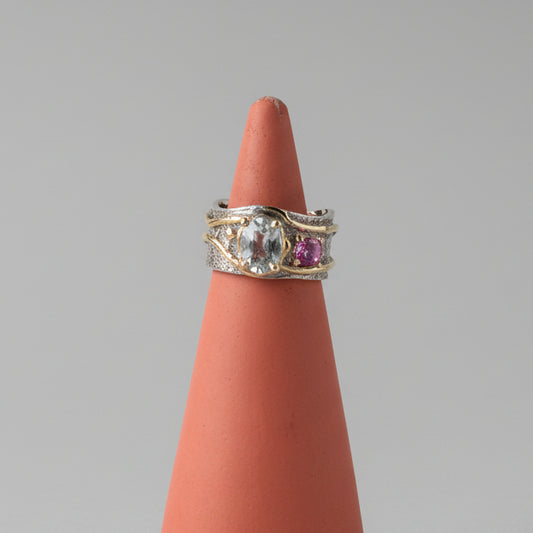One of one oval aquamarine and pink tourmaline silver ring with brass accents by Kismet Society — size 6