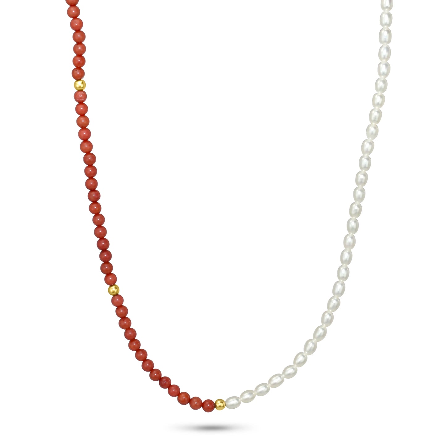 High-polished 14k gold necklace, featuring a luminous rice-shaped AAA+ freshwater pearl paired with Red Coral.